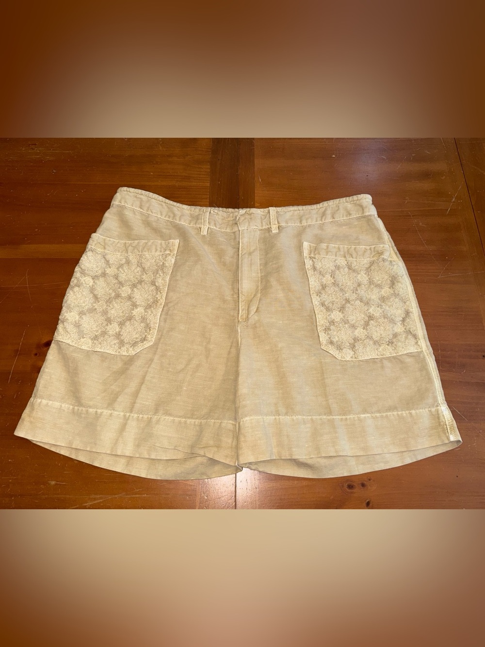 Sundance Linen Embroidery Beige Shorts XL Casual Comfy Pockets Euro Vacation